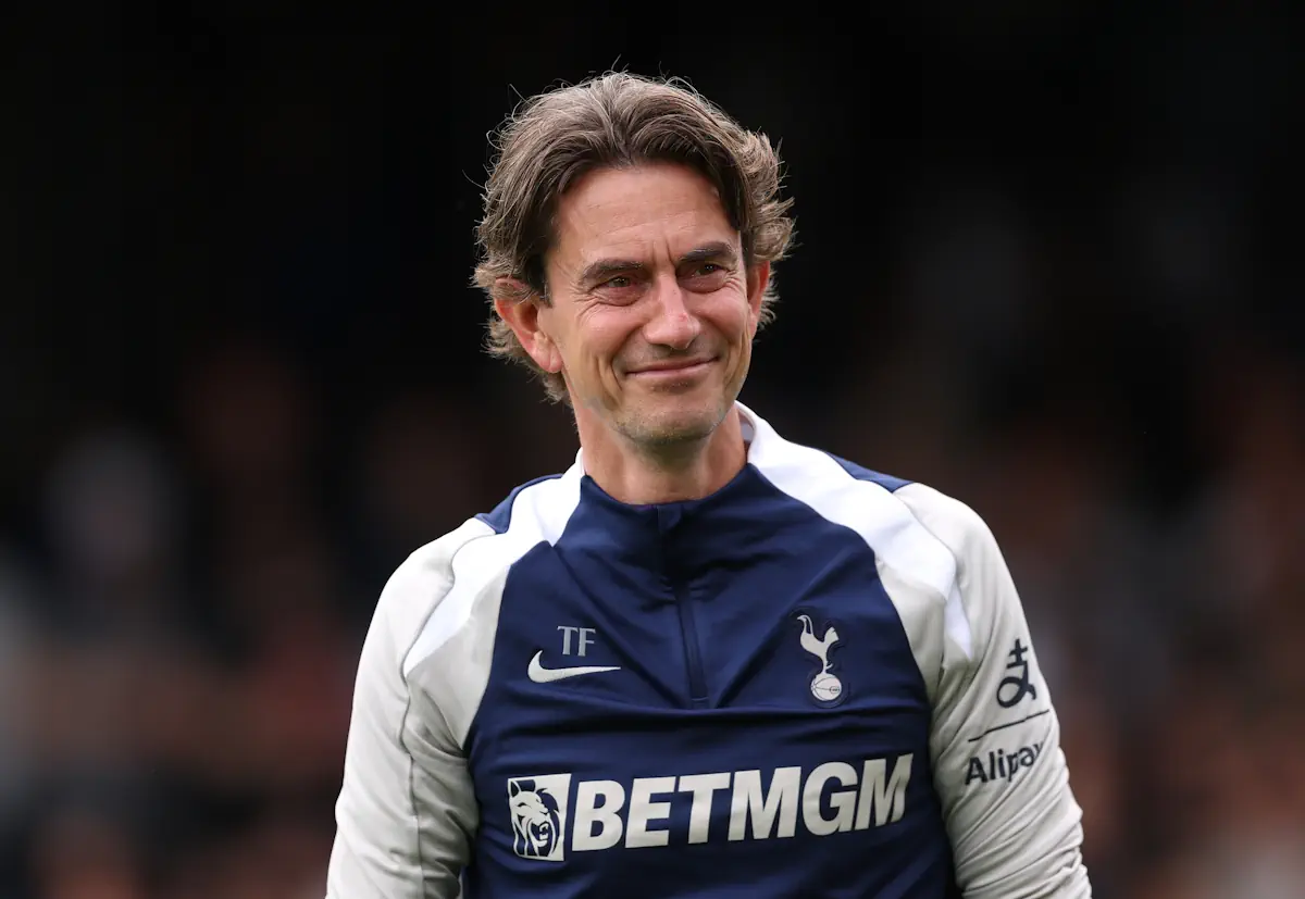 Thomas Frank watches on as Tottenham Hotspur warm up before a game